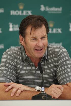 25th July 2018, Old Course at St Andrews, St Andrews, Scotland; The 2018 Senior Open Golf Championships, practice day; Sir Nick Faldo (ENG) talks to the media early in the day  ActionPlus12050318 AlanxMartin