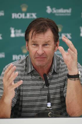 25th July 2018, Old Course at St Andrews, St Andrews, Scotland; The 2018 Senior Open Golf Championships, practice day; Sir Nick Faldo (ENG) talks to the media early in the day  ActionPlus12050319 AlanxMartin