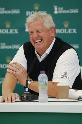 25th July 2018, Old Course at St Andrews, St Andrews, Scotland; The 2018 Senior Open Golf Championships, practice day; Colin Montgomerie (SCO) talks to the media early in the day  ActionPlus12050322 AlanxMartin