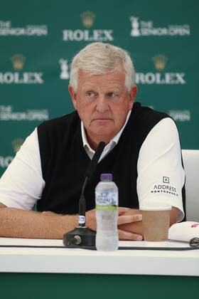25th July 2018, Old Course at St Andrews, St Andrews, Scotland; The 2018 Senior Open Golf Championships, practice day; Colin Montgomerie (SCO) talks to the media early in the day  ActionPlus12050324 AlanxMartin