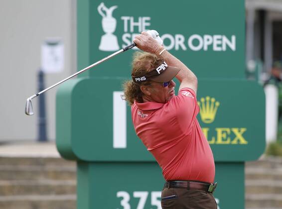 26th July 2018, Old Course at St Andrews, St Andrews, Scotland; The 2018 Senior Open Golf Championships, 1st round; Miguel Angel Jimenez (ESP) plays his tee shot on the opening hole  ActionPlus12050486 AlanxMartin