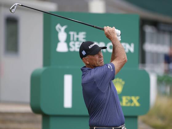 26th July 2018, Old Course at St Andrews, St Andrews, Scotland; The 2018 Senior Open Golf Championships, 1st round; Tom Lehman (USA) plays his tee shot on the opening hole  ActionPlus12050496 AlanxMartin