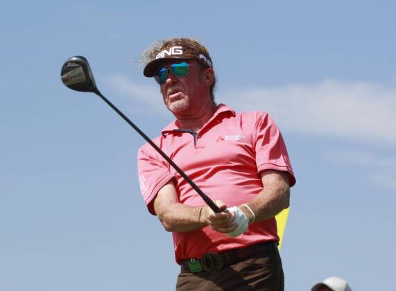 26th July 2018, Old Course at St Andrews, St Andrews, Scotland; The 2018 Senior Open Golf Championships, 1st round; Miguel Angel Jimenez (ESP) plays his tee shot on the 16th hole  ActionPlus12050545 AlanxMartin