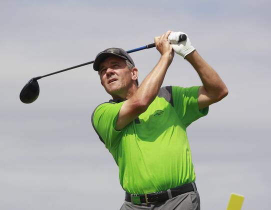 26th July 2018, Old Course at St Andrews, St Andrews, Scotland; The 2018 Senior Open Golf Championships, 1st round; Scott Dunlap (USA) plays his tee shot on the 16th hole  ActionPlus12050530 AlanxMartin