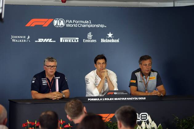 Photo4 LaPresse 27 07 2018 Budapest, Hungary Grand Prix Formula One Hungary 2018 In the pic: press conference PK Pressekonferenz Otmar Szafnauer (USA) Sahara Force India F1 Chief Operating Officer Toto Wolff (GER) Mercedes AMG F1 Shareholder and Executive Director Mario Isola (ITA), Pirelli Racing Manager  Copyright: xPhoto4 LaPressex