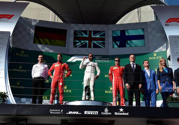 Podium Sebastian Vettel Lewis Hamilton Kimi Raiikkoenen formula 1 GP Hungary in Budapest 29 07 2018 Photo mspb Jerry Andre Podium Sebastian Vettel Lewis Hamilton Kimi Raikkoen formula 1 GP Hungary 2018
