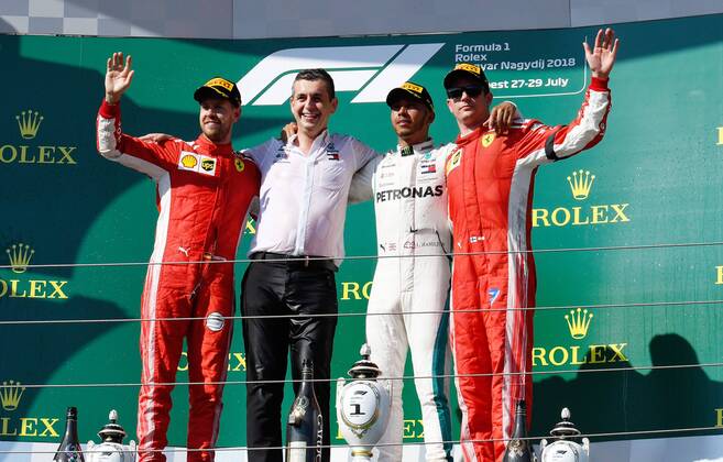 Podium Sebastian Vettel Lewis Hamilton Kimi Raiikkoenen Scuderia Ferrari formula 1 GP Hungary in Budapest 29 07 2018 Photo mspb Lukas Gorys podium Sebastian Vettel Lewis Hamilton Kimi Raikkoen formula 1 GP Hungary 2018