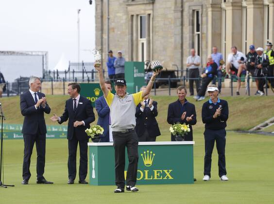 29th July 2018, Old Course at St Andrews, St Andrews, Scotland; The 2018 Senior Open Golf Championships, 4th round; This year s winner Miguel Angel Jimenez (ESP) poses with the Senior Open trophy  ActionPlus12051758 AlanxMartin