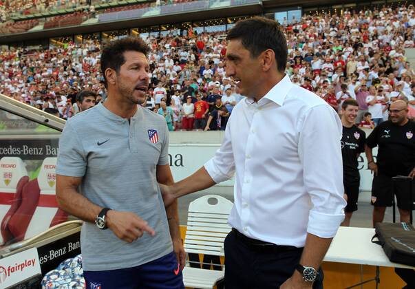 VfB Stuttgart Atletico Madrid Germany Stuttgart 05 08 2018 Football Bundesliga Season 2018 2019 Test match VfB Stuttgart Atletico Madrid v Diego Simeone Coach Atletico Madrid Tayfun Korkut Coach VfB Stuttgart