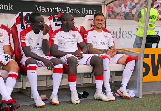 VfB Stuttgart Atletico Madrid Germany Stuttgart 05 08 2018 Football Bundesliga Season 2018 2019 Test match VfB Stuttgart Atletico Madrid v Chadrac Akolo Orel Mangala Anastasios Donis all VfB Stuttgart
