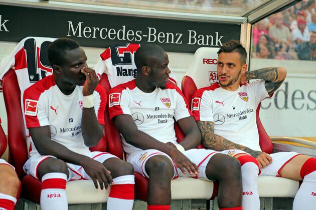 VfB Stuttgart Atletico Madrid Germany Stuttgart 05 08 2018 Football Bundesliga Season 2018 2019 Test match VfB Stuttgart Atletico Madrid v Chadrac Akolo Orel Mangala Anastasios Donis all VfB Stuttgart