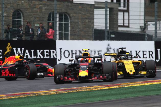 Photo4 LaPresse 25 08 2018 Spa - Francorchamps, Belgium Grand Prix Formula One Belgium 2018 In the pic: Max Verstappen (NED) Red Bull Racing RB14, Daniel Ricciardo (AUS) Red Bull Racing RB14 , Nico Hulkenberg (GER) Renault Sport F1 Team RS18  Copyright: xPhoto4 LaPressex