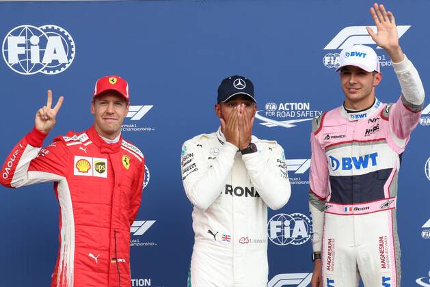 Ferrari s German driver Sebastian Vettel, Mercedes British driver Lewis Hamilton and Ferrari s Finnish driver Kimi Raikkonen pictured after the qualifications ahead of the Spa-Francorchamps Formula One Grand Prix of Belgium race, in Spa-Francorchamps, Saturday 25 August 2018. BENOITxDOPPAGNE  x05413337x