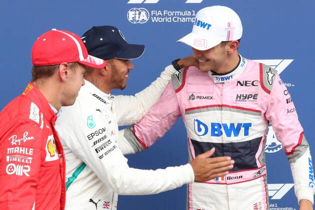 Ferrari s German driver Sebastian Vettel, Mercedes British driver Lewis Hamilton and Force India s French driver Esteban Ocon pictured after the qualifications ahead of the Spa-Francorchamps Formula One Grand Prix of Belgium race, in Spa-Francorchamps, Saturday 25 August 2018. BENOITxDOPPAGNE  x05413339x