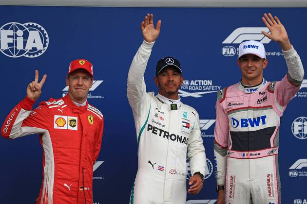 25th August 2018, Circuit de Spa-Francorchamps, Francorchamps, Belgium, Formula One Grand Prix of Belgium, Qualification; Mercedes AMG Petronas Motorsport AMG, Lewis Hamilton takes pole followed by Scuderia Ferrari, Sebastian Vettel and Racing Point Force India, Esteban Ocon  ActionPlus12057991 Octane