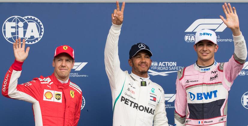 Ferrari s German driver Sebastian Vettel, Mercedes British driver Lewis Hamilton and Force India s French driver Esteban Ocon pictured after the qualifications ahead of the Spa-Francorchamps Formula One Grand Prix of Belgium race, in Spa-Francorchamps, Saturday 25 August 2018. BENOITxDOPPAGNE  x05413355x