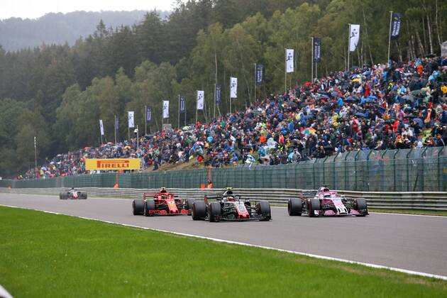 Photo4 LaPresse 25 08 2018 Spa - Francorchamps, Belgium Grand Prix Formula One Belgium 2018 In the pic: Sergio Perez (MEX) Racing Point Force India F1 VJM11, Kevin Magnussen (DEN) Haas F1 Team VF-18 , Kimi Raikkonen (FIN) Scuderia Ferrari SF71H  Copyright: xPhoto4 LaPressex