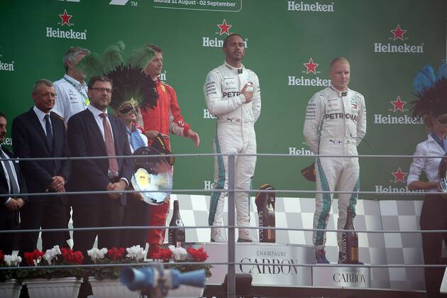 Photo4 LaPresse 02 09 2018 Monza, Italy Grand Prix Formula One Italia 2018 In the pic: podium 1st position Lewis Hamilton (GBR) Mercedes AMG F1 W09 2nd position Kimi Raikkonen (FIN) Scuderia Ferrari SF71H 3rd position Valtteri Bottas (FIN) Mercedes AMG F1 W09  Copyright: xPhoto4 LaPressex