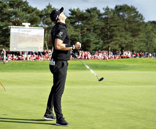 Vinder af af European Tour golfturneringen Made in Denmark, Matt Wallace fra England, reagerer efter vinderslaget paa Silkeborg Golf Klub , soendag 1. september 2018.. , Silkeborg Jylland Denmark  Copyright: HenningxBagger HenningxBaggerx COP107 spdk20180902-182114-L