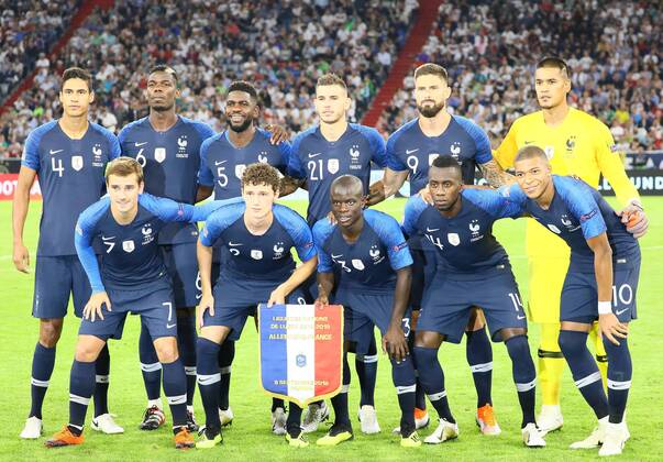 Team photo France Raphael Varane France France Paul Pogba France France Samuel Umtiti France France Lucas Hernandez France France Olivier Giroud France France Goalkeeper Alphonse Areola France France forward Antoine Griezmann France France Benjamin Pavard France France N Golo Kante France France Blaise Matuidi France France Kylian Mbappe France France 06 09 2018 Germany vs France Allianz Arena Munich UEFA Nations League 1 Gameday