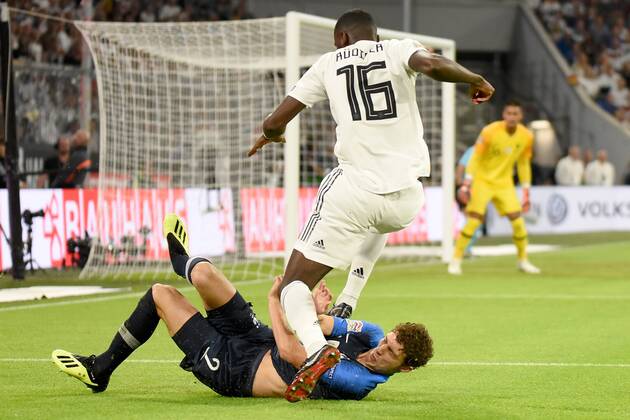 Benjamin Pavard FRA and Antonio Rüdiger GER Germany Muenchen 06 09 2018 Sport Soccer National Team UEFA Nations League 1 Gameday Germany vs France Allianz Arena DFL DFB REGULATIONS PROHIBIT ANY USE OF PHOTOGRAPH AS IMAGE SEQUENCES AND OR QUASI VIDEO