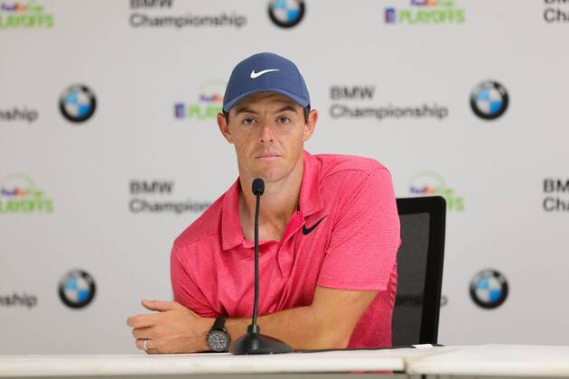 September 6, 2018 - Newtown Square, Pennsylvania, United States - Rory McIlroy speaks to the media after the first round of the 2018 BMW Championship. Golf 2018: BMW Championship: Round 1 - ZUMAw109 20180906_zap_w109_048 Copyright: xDebbyxWongx