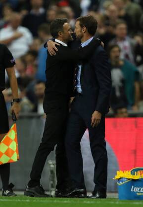 Gareth Southgate (England coach) and Luis Enrique (Spain coach) embraces at the end of the UEFA Nations League A, Group 4, between England and Spain, at Wembley Stadium, London, on September 8, 2018. **THIS PICTURE IS FOR EDITORIAL USE ONLY** 