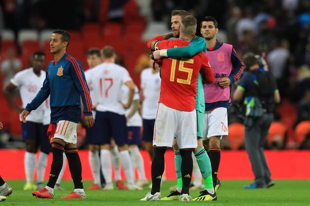 8th September 2018, Wembley Stadium, London, England; UEFA Nations League football, England versus Spain; David de Gea of Spain celebrates the 1-2 win with Sergio Ramos  ActionPlus12061144 ShaunxBrooks