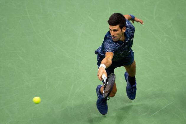 Novak Djokovic of Serbia hits a return to Juan Martin del Potro of Argentina in the Men s Final in Arthur Ashe Stadium at the 2018 US Open Tennis Championships at the USTA Billie Jean King National Tennis Center in New York City on September 9, 2018.  NYP20180909524 COREYxSIPKIN