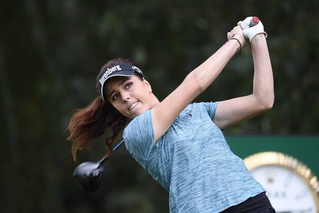 (180914) -- EVIAN, Sept. 14, 2018 -- Georgia Hall of Britain plays a shot during the first round of the Evian Golf Championship on Sept. 13, 2018 in Evian-les-Bains, France. ) (SP)FRANCE-EVIAN-GOLF CHAMPIONSHIP 2018 AlainxGROSCLAUDE 