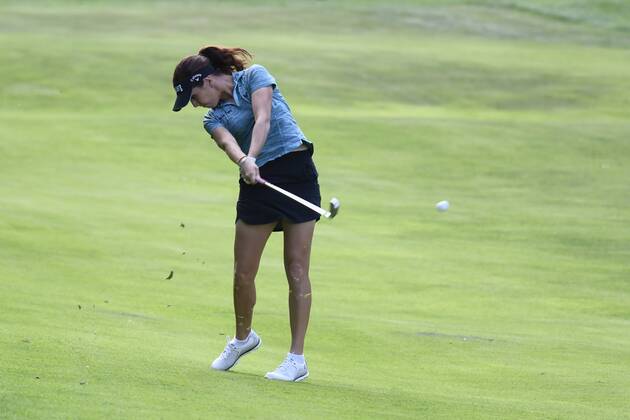 (180914) -- EVIAN, Sept. 14, 2018 -- Georgia Hall of Britain plays a shot during the first round of the Evian Golf Championship on Sept. 13, 2018 in Evian-les-Bains, France. ) (SP)FRANCE-EVIAN-GOLF CHAMPIONSHIP 2018 AlainxGROSCLAUDE 