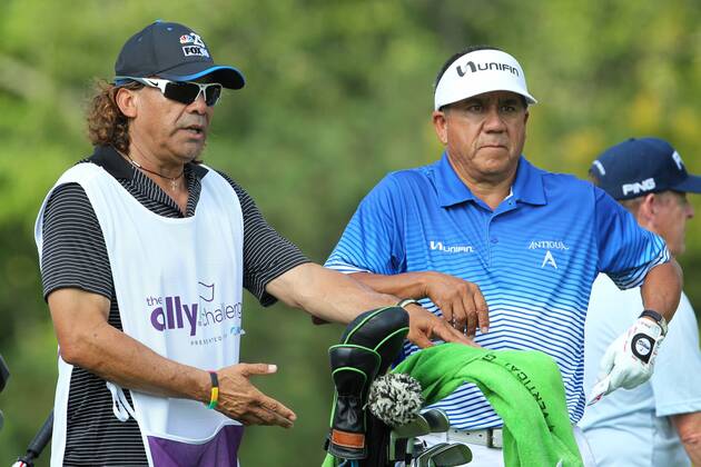 September 15, 2018 - Grand Blanc, Michigan, United States - Esteban Toledo of Mexicali, Mexico waits his turn to hit from the 13th tee with his caddie during the second round of the The Ally Challenge golf tournament presented by McLaren at Warwick Hills Golf & Country Club in Grand Blanc, MI, USA Saturday, September 15, 2018. The Ally Challenge 2018  - ZUMAn230 20180915_zaa_n230_1092 Copyright: xAmyxLemusx