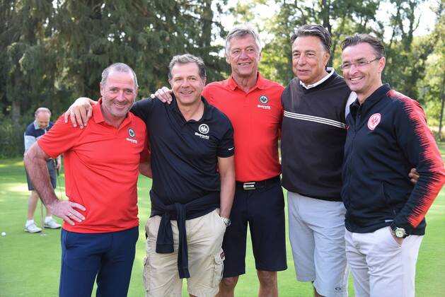 17 09 2018 GER Hanau Golf Club Hanau Wilhelmsbad Eintracht Frankfurt Golf Open Uwe Bein Andreas Möller Kurt Klühspies Klaus Gerst Alexander Schur DFL regulations prohibit any use of photographs as image sequences or quasi video