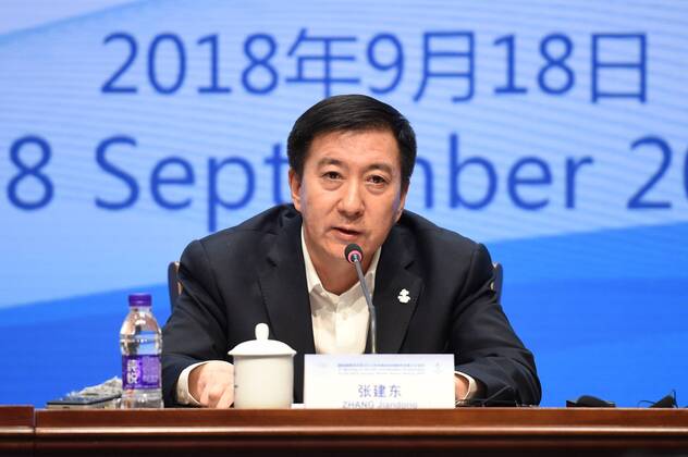 (180918) -- BEIJING, Sept. 18, 2018 -- Zhang Jiandong, Vice Mayor of Beijing and Executive Vice President of Beijing 2022, speaks during the press conference PK Pressekonferenz of the 3rd meeting of the IOC Coordination Commission for the XXIV Olympic Winter games Winterspiele Spiele Summer games Beijing 2022 in Beijing, capital of China, Sept. 18, 2018. ) (SP)CHINA-BEIJING-2022 OLYMPIC WINTER GAMES-IOC COORDINATION COMMISSION-PRESS CONFERENCE (CN) JuxHuanzong 