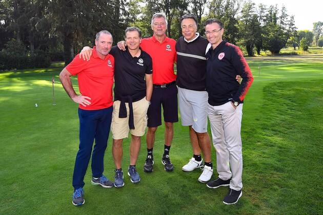 17 09 2018 xjhx Golf 13 Eintracht Frankfurt Open Golf Uwe Bein Andreas Moeller Kurt Kluehspies Klaus Gerster Alex Schur DFL DFB REGULATIONS PROHIBIT ANY USE OF PHOTOGRAPHS as IMAGE SEQUENCES and or QUASI VIDEO Hanau