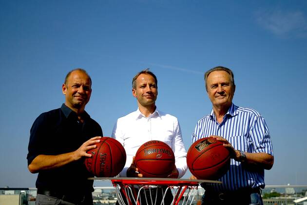 Basketball Men 1 Bundesliga Season 2018 19 Press Conference on the start of the season Managing Director Marco Baldi Alba Berlin Alba President Dr Axel Schweitzer Head Coach Aito Garcia Reneses Alba Berlin 19 09 18 Copyright: xMichaelxHundtx xMatthiasxKochx