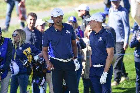 Yannick Noah (Celeb team Europe) Guy Forget (Celeb team Europe) CELEBRITES : Match des Celebrites - Ryder Cup - 25 09 2018 JBAutissier Panoramic 