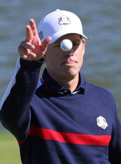 Greg Kinnear throws his ball during a Ryder Cup 2018 celebrity tournament at Le Golf National in Guyancourt near Paris on September 25, 2018. The three-day main event Ryder Cup featuring Team USA versus Team Europe starts Friday, September 28th.  PAR20180925089 DAVIDxSILPA