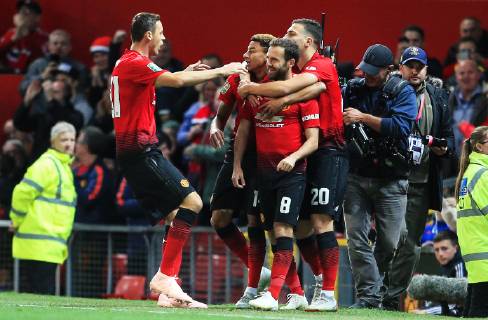 Manchester United ManU s Juan Mata celebrates after scoring his teams first goal during the Carabao Cup Third Round match at Old Trafford Stadium, Manchester. Picture date 25th September 2018. Picture credit should read: Matt McNulty Sportimage EDITORIAL USE ONLY. No use with unauthorised audio, video, data, fixture lists, club league logos or live services. Online in-match use limited to 120 images, no video emulation. No use in betting, games or single club league player publications.