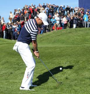 Justin Thomas hits a shot during a Ryder Cup 2018 practice session at Le Golf National in Guyancourt near Paris on September 26, 2018. The three-day tournament features Team USA versus Team Europe and starts Friday, September 28th.  PAR20180926051 DAVIDxSILPA