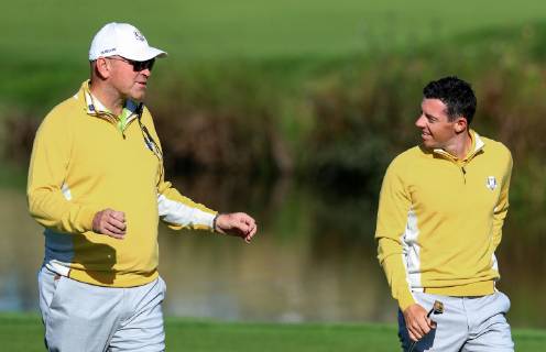 2018 Ryder Cup Practice Day, Albatros Course, Le Golf National, Saint-Quentin-en-Yvelines, Paris 27 9 2018 Europe s Rory McIlroy and Captain Thomas Bjorn Rory McIlroy and Thomas Bjorn 27 9 2018  Copyright: x©INPHO OisinxKeniryx OSH_8216