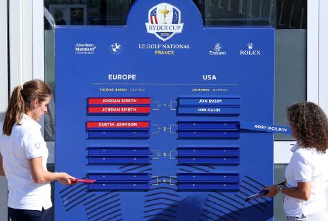 Tournament organizers prepare the pairing board a day before the start of the Ryder Cup at Le Golf National in Guyancourt near Paris on September 27, 2018. The Ryder Cup takes place every two years and features Team USA versus Team Europe, with venues alternating between the U.S and Europe each competition.  PAR20180927001 DAVIDxSILPA