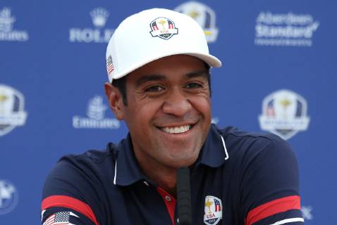 Tony Finau speaks during a press conference PK Pressekonferenz a day before the start of the Ryder Cup at Le Golf National in Guyancourt near Paris on September 27, 2018. The Ryder Cup takes place every two years and features Team USA versus Team Europe, with venues alternating between the U.S and Europe each competition.  PAR20180927002 DAVIDxSILPA