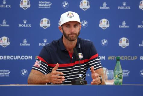 Dustin Johnson speaks during a press conference PK Pressekonferenz a day before the start of the Ryder Cup at Le Golf National in Guyancourt near Paris on September 27, 2018. The Ryder Cup takes place every two years and features Team USA versus Team Europe, with venues alternating between the U.S and Europe each competition.  PAR20180927007 DAVIDxSILPA