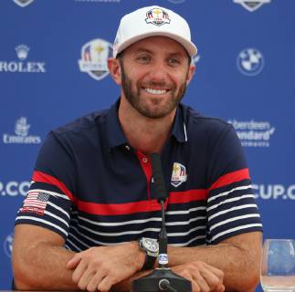 Dustin Johnson speaks during a press conference PK Pressekonferenz a day before the start of the Ryder Cup at Le Golf National in Guyancourt near Paris on September 27, 2018. The Ryder Cup takes place every two years and features Team USA versus Team Europe, with venues alternating between the U.S and Europe each competition.  PAR20180927010 DAVIDxSILPA
