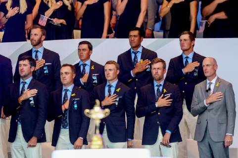 2018 Ryder Cup Opening Ceremony, Albatros Course, Le Golf National, Saint-Quentin-en-Yvelines, Paris 27 9 2018 Team USA stand for the national anthem Team USA stand for the national anthem 27 9 2018  Copyright: x©INPHO OisinxKeniryx OSH_9067