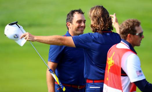 2018 Ryder Cup Day 1, Albatros Course, Le Golf National, Saint-Quentin-en-Yvelines, Paris 28 9 2018 Tommy Fleetwood and Francesco Molinari celebrate winning their match on the 18th hole Tommy Fleetwood and Francesco Molinari celebrate winning their match on the 18th hole 28 9 2018  Copyright: x©INPHO OisinxKeniryx OSH_9528