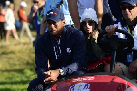 Tiger Woods (Team USA) et sa compagne Erica Herman GOLF : Ryder Cup 2018 - Guyancourt - 29 09 2018 JBAutissier Panoramic 