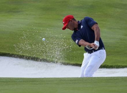 Brooks Koepka hits out of the sand bunker on the final day of competition of the Ryder Cup at Le Golf National in Guyancourt near Paris on September 30, 2018. Team Europe defeated Team USA 17.5 to 10.5 to hand the Americans their sixth straight loss on foreign soil.  PAR20180930041 DAVIDxSILPA