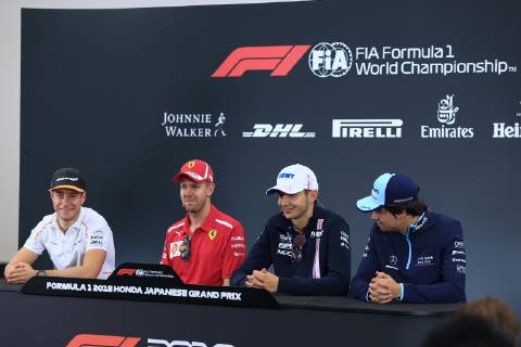 4th October 2018, Suzuka International Racing Course, Suzuka City, Japan; Formula One of Japan, driver arrivals and press conference PK Pressekonferenz McLaren, Stoffel Vandoorne, Scuderia Ferrari, Sebastian Vettel, Racing Point Force India, Esteban Ocon and Williams Martini Racing, Lance Stroll ActionPlus12067942 Octane